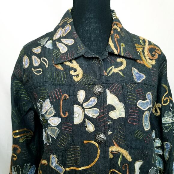 PM Coat Black Multi Embroidered Floral Boho Artsy - Picture 2 of 7